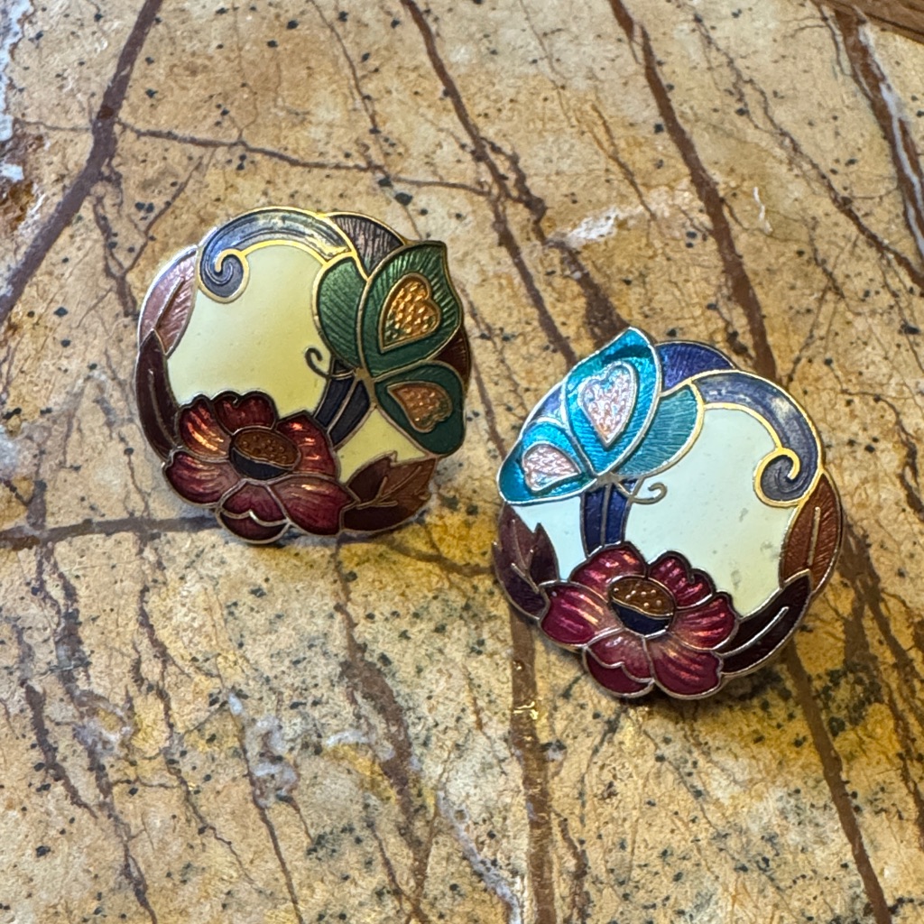 Vtg Cloisonn Enamel Flower Butterfly Post Earrings One Back Missing Floral Stud 17$